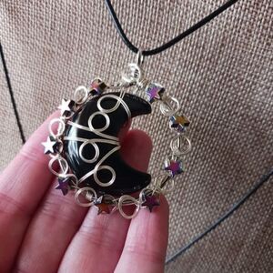 Wire Wrapped Black Obsidian Moon Pendant Necklace